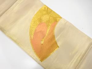 アンティーク　奥村克美製　地紙に鶴模様刺繍袋帯（材料）